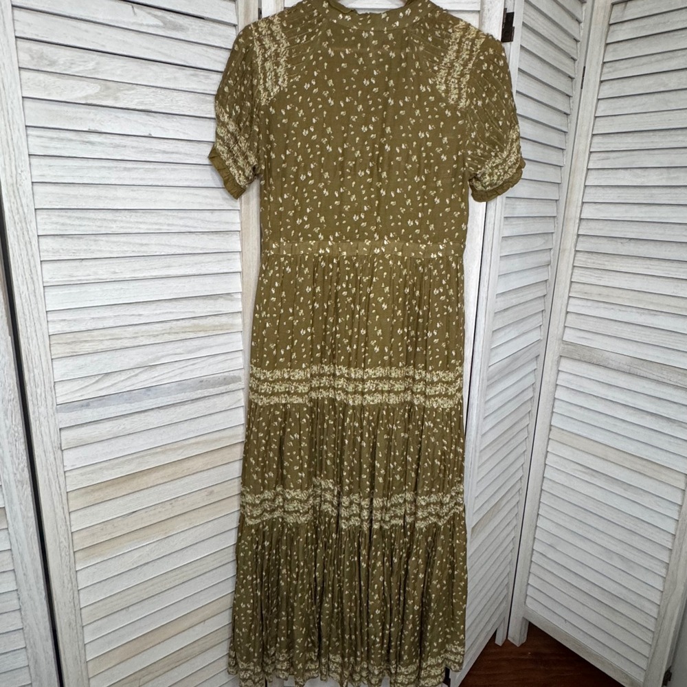 Free‎ People Rare Feelings Maxi Dress Olive Green Floral Boho Tiered Smocked S - Picture 2 of 13